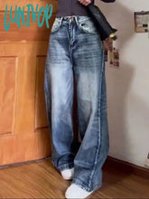 Lunivop Woman Denim Loose Casual Baggy Thin High Waist Wide Leg Floor-Length Wash Pockets Button